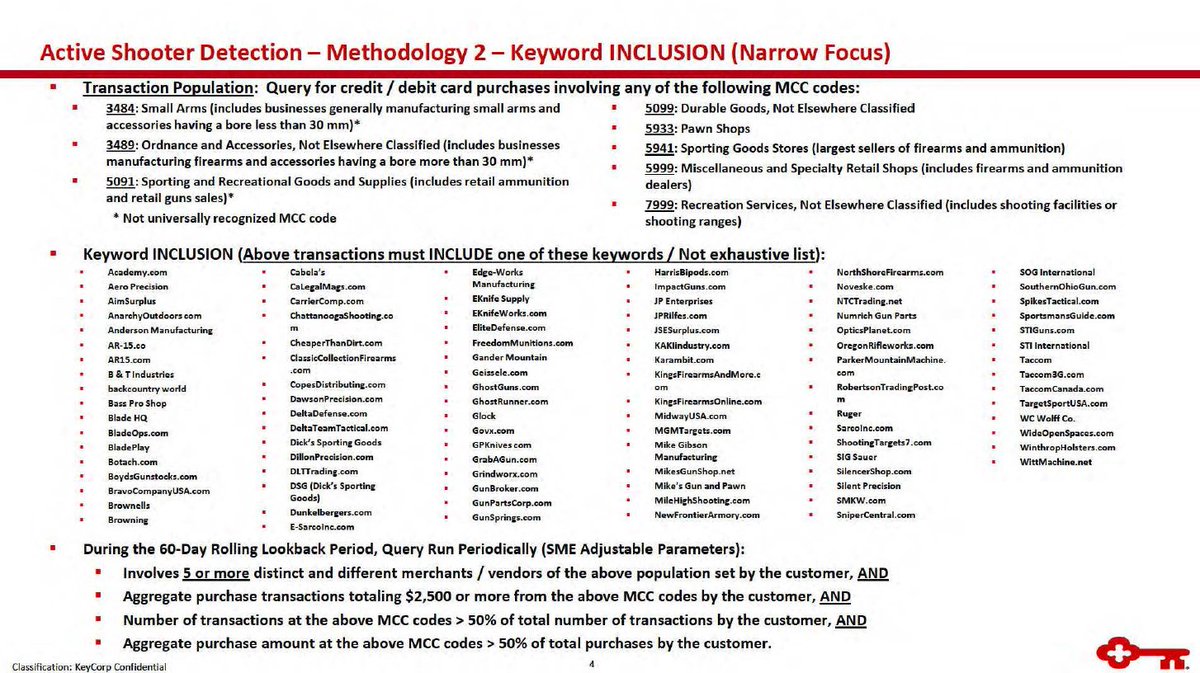 publicintel's tweet photo. The report includes more slides from a previously disclosed KeyBank presentation on using credit card merchant category codes to identify certain customer purchases of firearms and related merchandise https://t.co/LZZmJcmnRJ