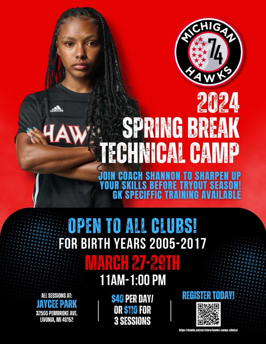 MIHawks1974's tweet image. Spring break is coming! Secure your spot in our Spring break technical camp with Coach Shannon! Sharpen your soccer skills with the best camp in town. ⚽🌟 #SpringBreakCamp #dreambig #MichiganHawks @ECNLgirls