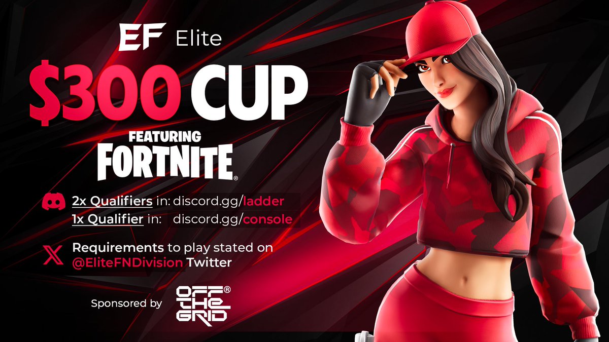 Elite $300 Cup Sponsored by Off The Grid! 💰 Requirements: - Follow @EliteFNDivision + @EliteFNConsole + @playoffthegrid 📑 - Retweet + Like ❤ - @ 2 Friends below 💬 Join discord.gg/ladder and send proof of completing the above requirements for the role to play! 💸