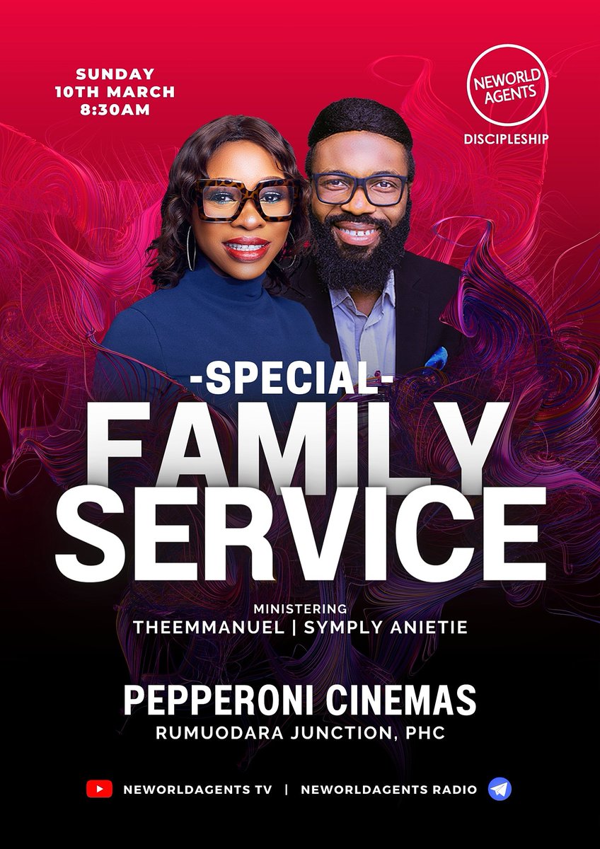 ApstTheEmmanuel's tweet photo. This Sunday is a special one for us as we'd be having our Family Service. Come experience the love &amp; joy of family with us by 8:30am at the Pepperoni Cinemas, Rumuodara Junction, Port Harcourt. Please come with a friend. We value you🤗

#ApstTheEmmanuel #NeworldAgentsDiscipleship https://t.co/0Z1aHHSGvo