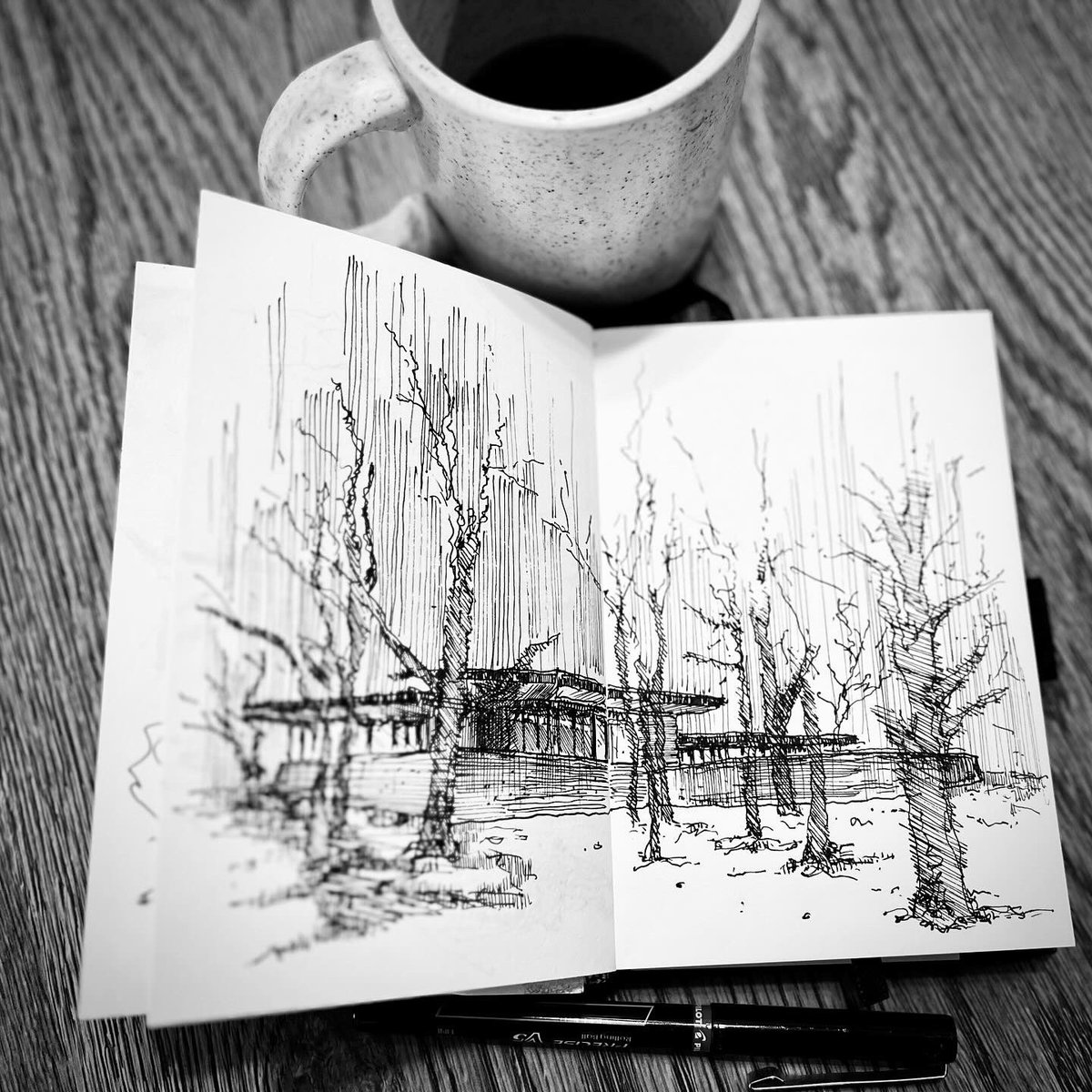 03.09.24 | #Coffeesketch 
.
Grateful for a generous tour by the owner of a rare residence designed by FLW in Amarillo. One of four works by him in TX, three residences and the Kalita Humphreys Theater, this was truly inspiring. | #franklloydwright #art #architecture
