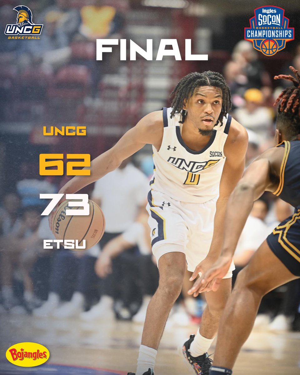 The Spartans' season comes to a close as ETSU defeats UNCG in a @SoConSports Quarterfinal game. UNCG - 62 ETSU - 73 Thank you to our family, fans, alumni, and the Greensboro community for the support this season. Final score presented by Bojangles. #letsgoG