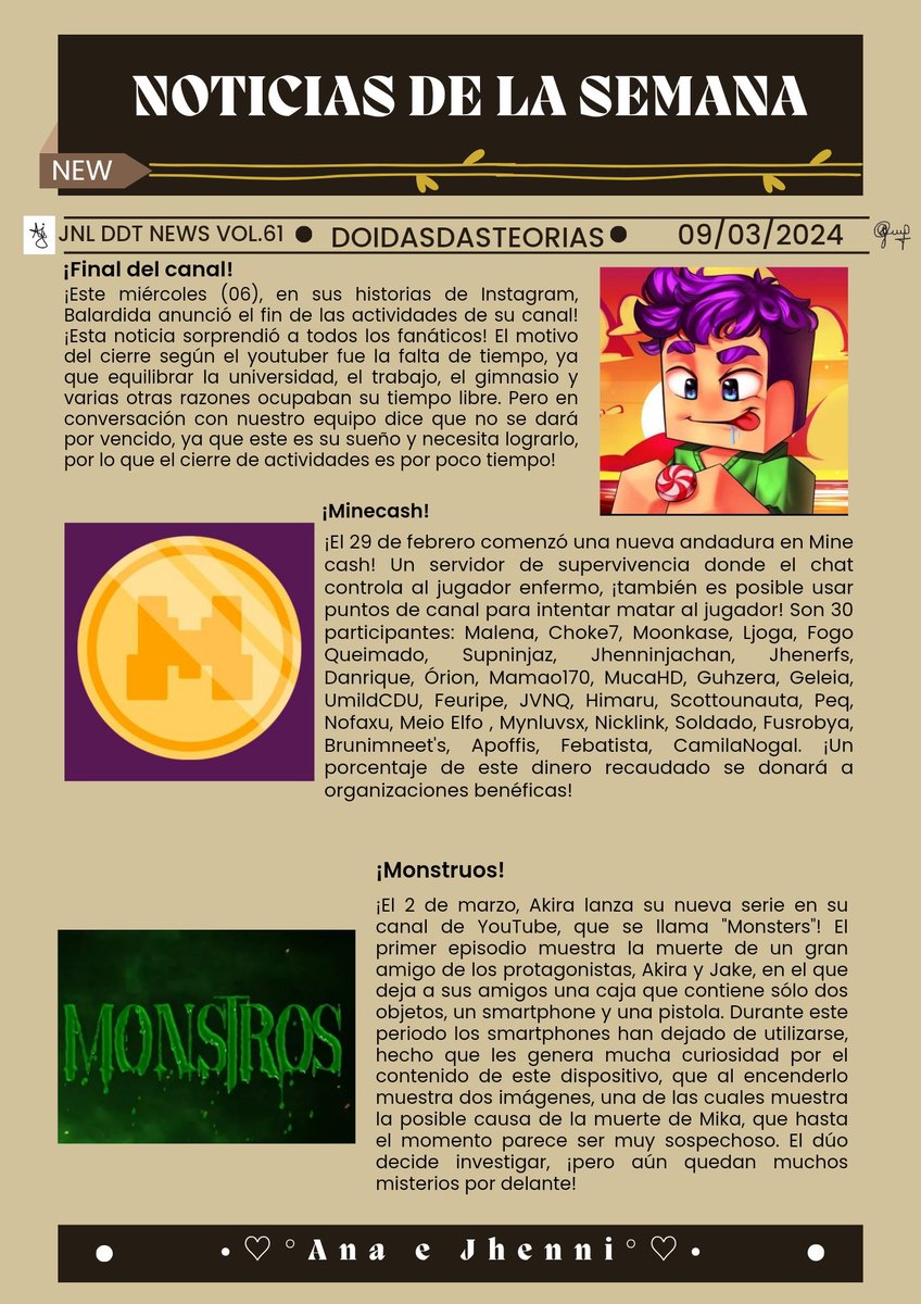 Opa gente bão ⁉️ Sexagesima primeira edição do jornal DDT NEWS 🗞️❗ 
Depois de um mês sem jornal estamos de volta 🙏🫣

Hola chicos ⁉️ Sexagésima primera edición del periódico DDT NEWS 🗞️❗ Después de un mes sin periódico, volvemos 🙏🫣
#monstros 
#balardida 
#minecash