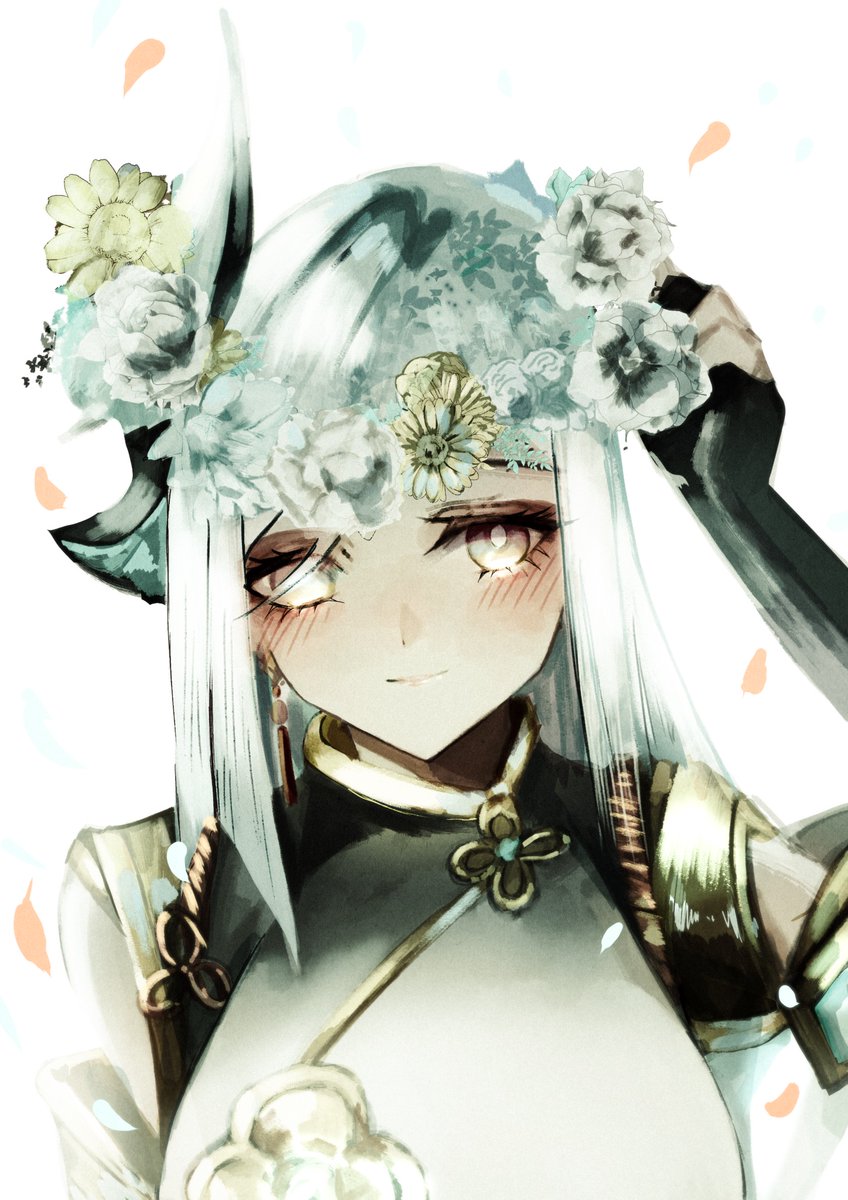 shenhe (genshin impact) 1girl solo blush looking at viewer flower long hair petals  illustration images