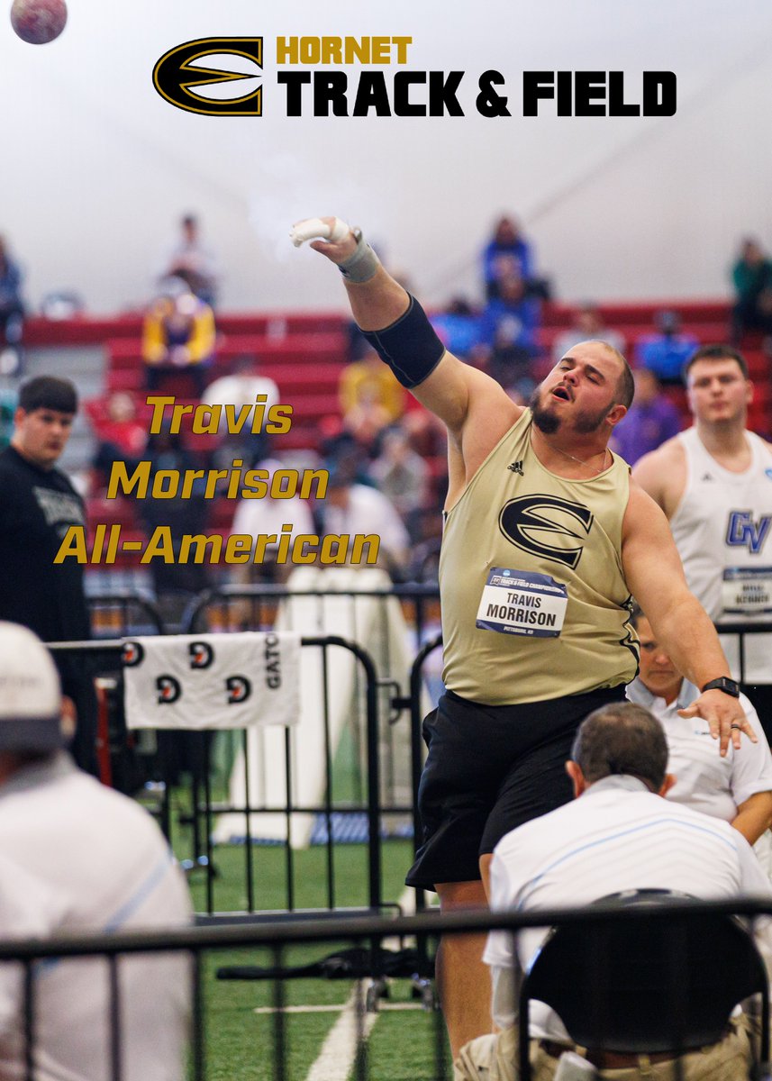With his sixth place finish @EmporiaStTrack senior Travis Morrison earns his second straight All-American honor in the indoor shot put. #StingersUp