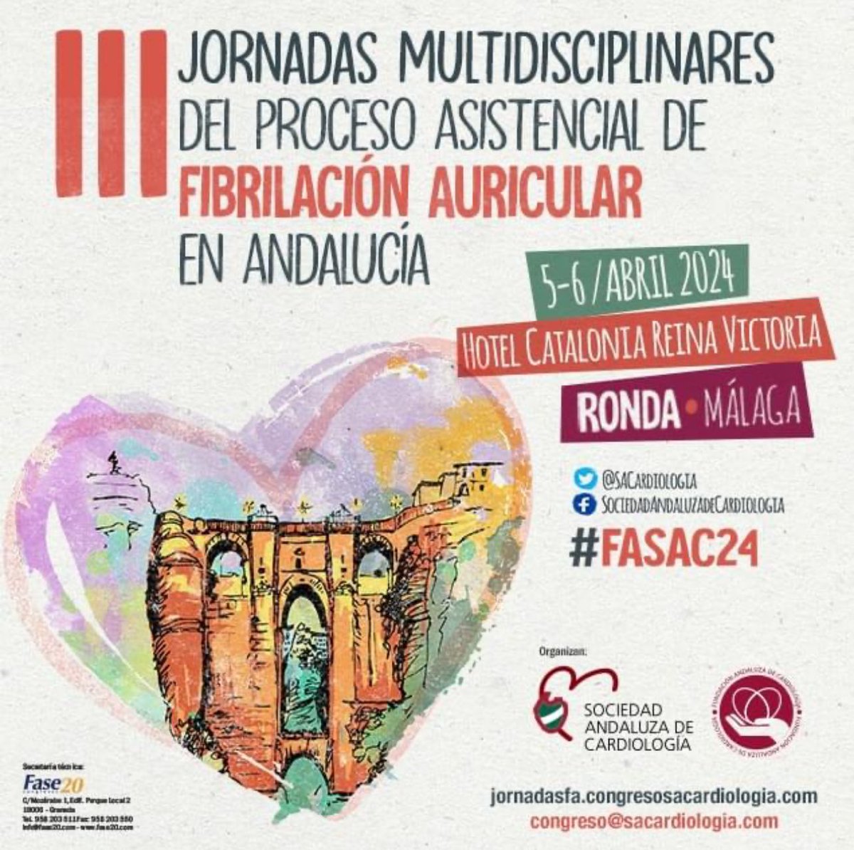 YA QUEDA MENOS! 🗓️Anota esta fecha en tu calendario y regístrate a las III Jornadas Multidisciplinares del Proceso Asistencial de #FibrilaciónAuricular en Andalucía, que tendrán lugar el 5 y 6 de Abril 2024 en Ronda, Málaga. 👇 acortar.link/Agu9am #fasac24 @SACardiologia