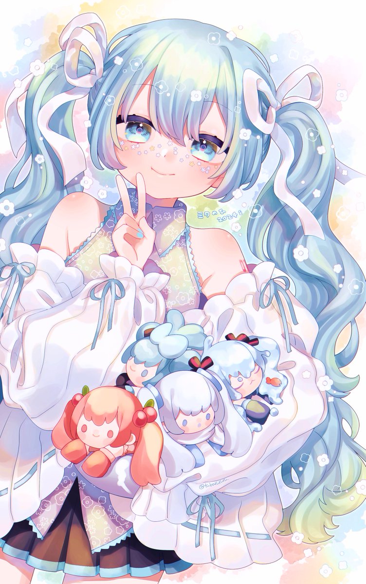 hatsune miku twintails 1girl smile character doll long hair v ribbon  illustration images