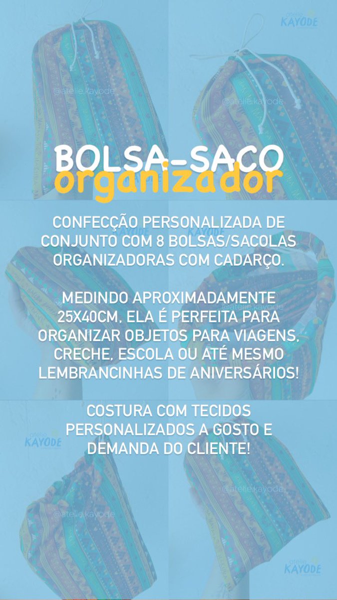 Organizador para bolsa de creche, necessaire pra viagem, mala pra função, lembrancinha de aniversário, festa ou candomblé 🧵🪡

8un 40x25cm ou 16un 25x20cm por $52