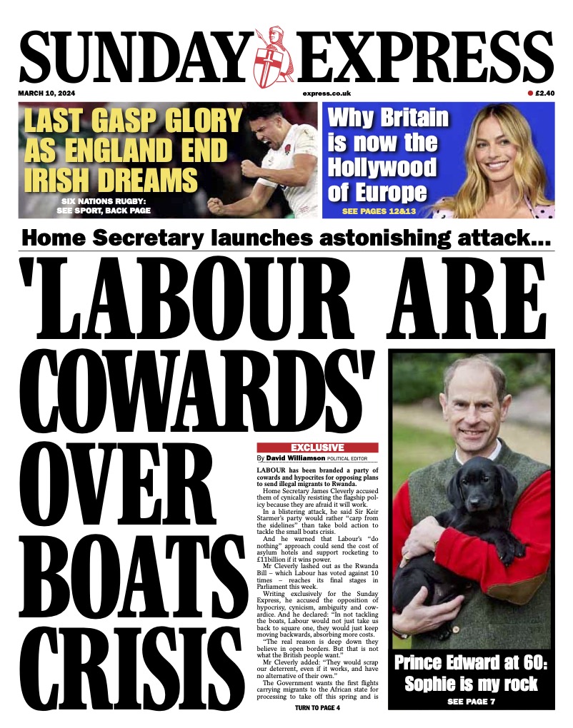 Sunday Express Front Page - 'Labour are cowards' over boats crisis