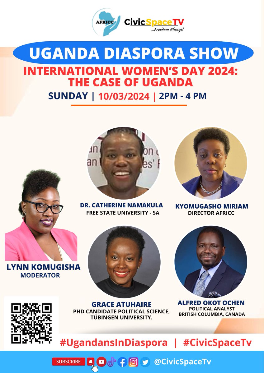 Make a date with #UgandansInDiaspora this Sunday at 2pm (EAT), as they discuss; International Women’s Day 2024: The case of Uganda. @LynnUg3 will be hosting @graceseb, @kyomugasho3 , Dr. Catherine NAMAKULA & @aokotochen , live on #CivicSpaceTV #IWD2024