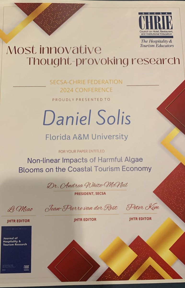DSolisAgEcon's tweet photo. Happy 🥳 to share our article entitled 'Non-linear impacts of harmful algae blooms on the coastal tourism economy' has received the 'Most Innovative Thought-Provoking Research' award by #CHRIE. Read the paper here: https://t.co/y1g1JsXrnG https://t.co/KT5kbTzttw
