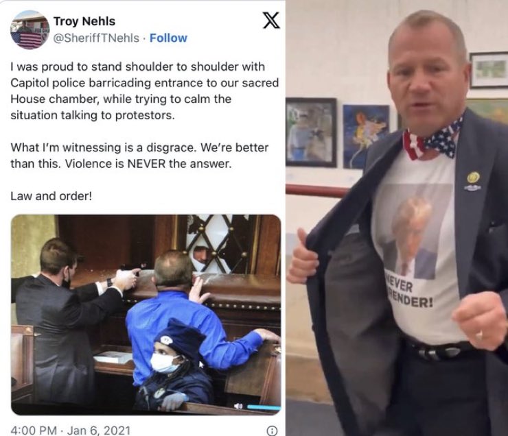 SergeantAqGo's tweet photo. Shoulder to shoulder? On Jan 6 you were fearful of losing your life. 3 years later, you more are afraid to lose your job than doing the right thing.  You are desecrating our sacrifices and the flag by wearing it.  Do better. you are not the party of law and order. https://t.co/RvgtJTSbzF