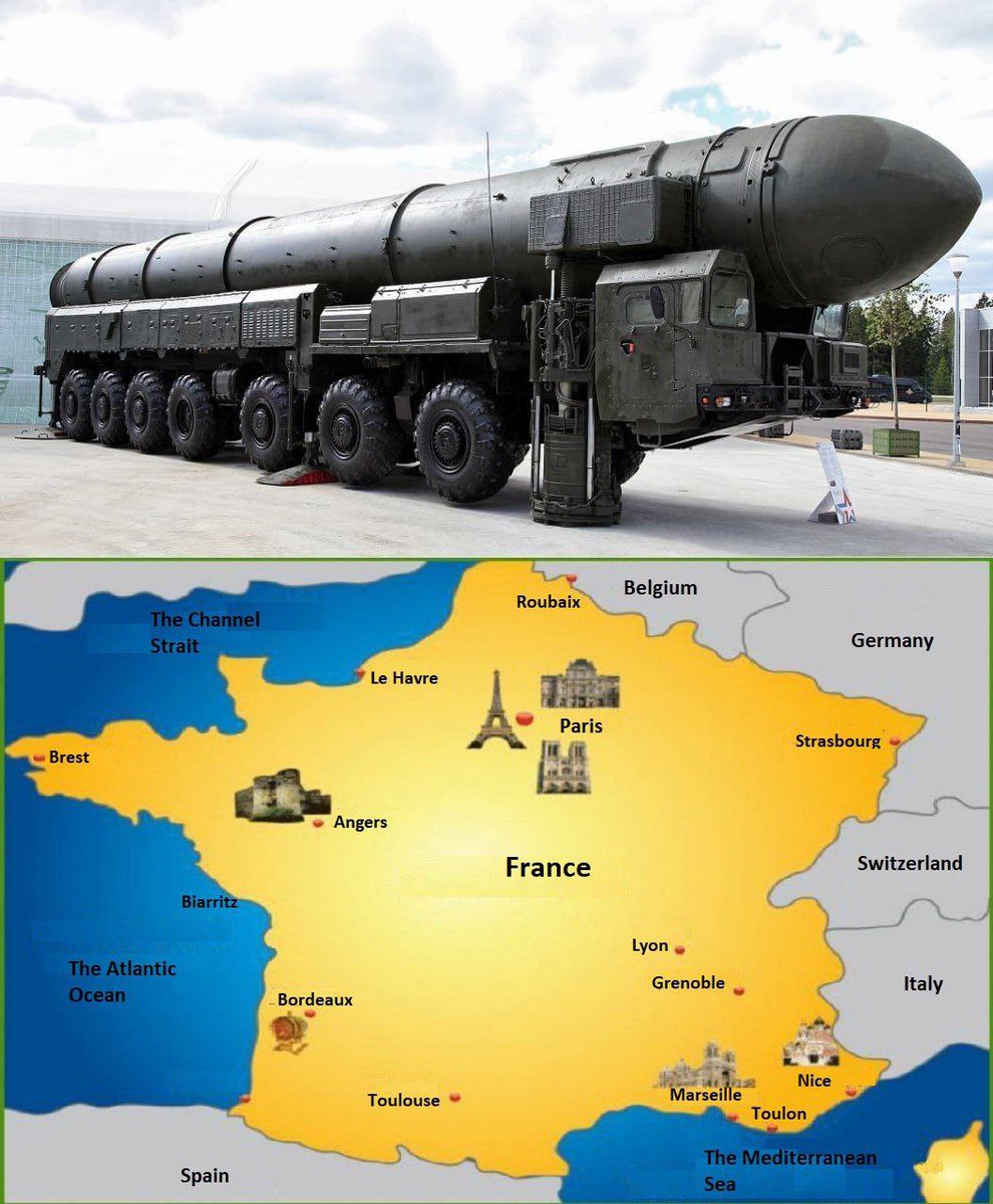 aapayes's tweet photo. 🇷🇺👉Rusos a la OTAN:

🌎👉"Si queremos jugar con fuego, tenemos que saber a qué nos enfrentamos".

El misil balístico intercontinental Rs-28 Sarmat (SATAN 2) vuela a una velocidad de 25.930 km/h.

Una vez lanzado, necesitará:

-1 minuto y 46 segundos para llegar a Berlín 🇩🇪

- 2 minutos a París 🇲🇫

- 2 minutos y 2 segundos hasta el Reino Unido 🇬🇧

- 18 minutos a Nueva York 🇺🇲

Un solo misil balístico intercontinental Sarmat puede destruir un radio de 550 kilómetros cuadrados, el tamaño de toda Francia.

Misil Sarmat = 50 megatones

Equivalente a 3.300 bombas de Hiroshima