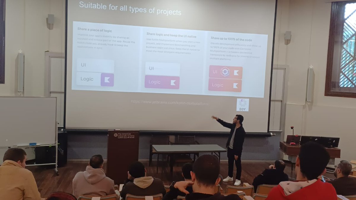 AhmedNMahran's tweet image. During My #Compose everywhere session on Feb.16.2024 at #SolutionChallenge at the American University in Cairo, Talked about #crossplatform #programming, #ComposeMultiplatform #JetpackCompose #KMP #KotlinMultiplatform