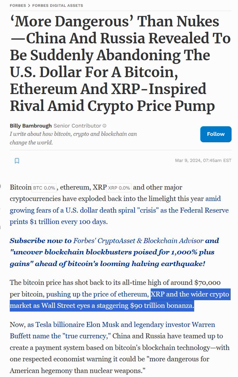 Forbes⬇️#XRP

"We believe that creating an independent #BRICS  payment system is an important goal for the future, which would be based on state-of-the-art tools such as digital technologies and blockchain," -- Kremlin, Russia