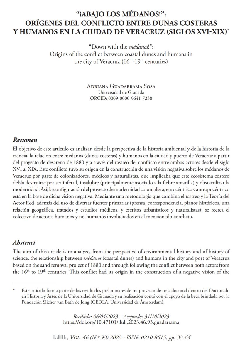 DunesHistory's tweet image. Congrats to our collaborator Adriana Guadarrama Sosa for her new article about the dunes of Veracruz 💐
“Down with the médanos!”:
Origins of the conflict between coastal dunes and humans in
the city of Veracruz (16th-19th centuries)
+Info⬇️ recyt.fecyt.es/index.php/LLUL…