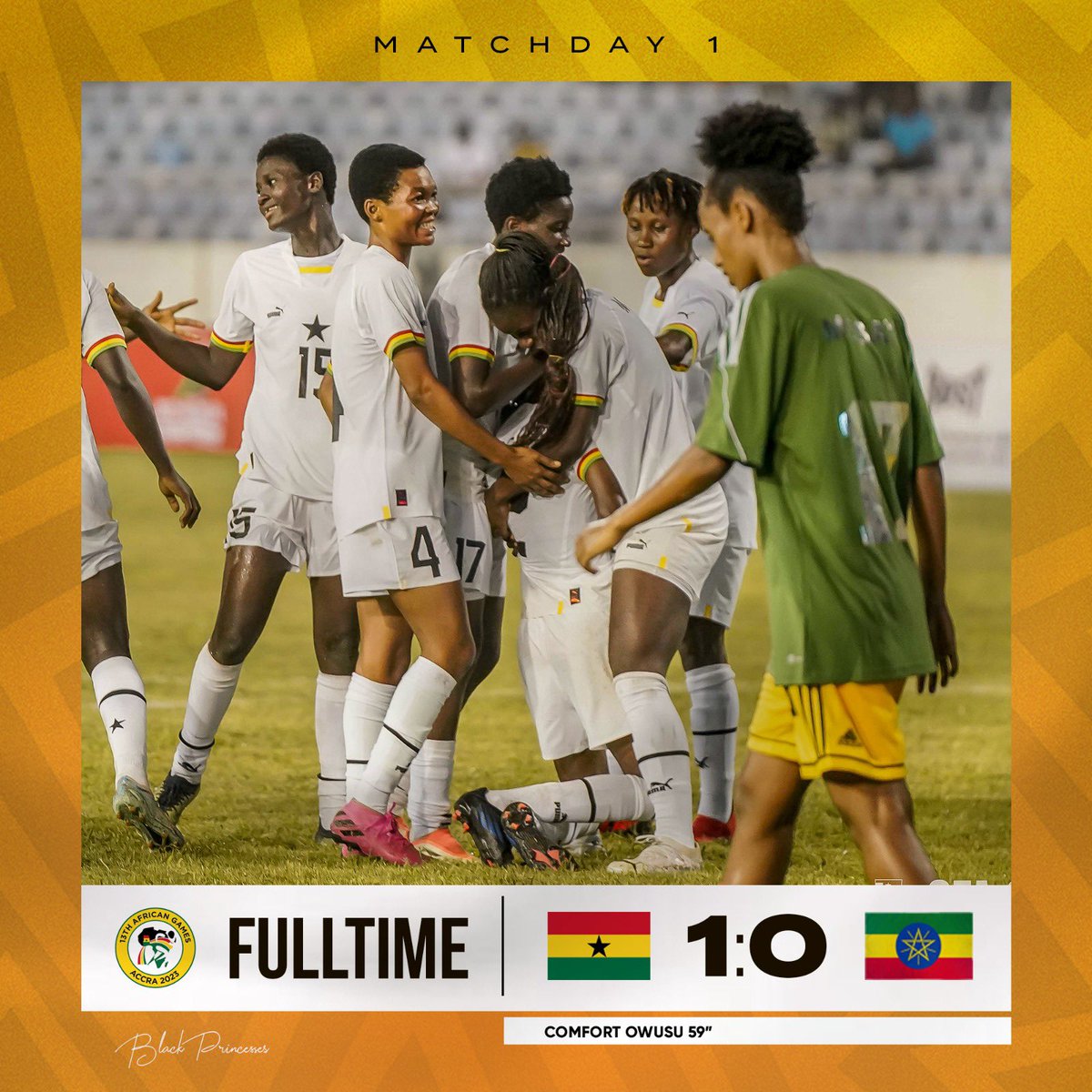 GhanaWNT's tweet photo. ⏰: Full Time in Cape Coast!

We begin our All African Games with a win!

🇬🇭 1:0 🇪🇹
 
#StrongerTogether💪🏽 #ShineBlackPrincesses✨
#BringBackTheLove 🥰 #Accra2023 https://t.co/gzI0jgltlf