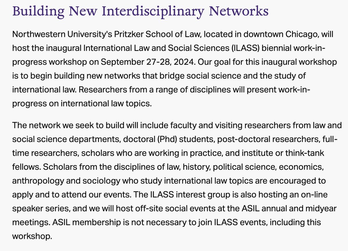 Excited to be joining the advisory board of @asilorg's new International Law & Social Sciences (ILASS) interest group. @AlterKaren & Neha Jain are organizing our 1st work-in-progress conference in Chicago @NorthwesternLaw Sept. 27-28, apply here by Apr. 15 bit.ly/3uY1tQ1