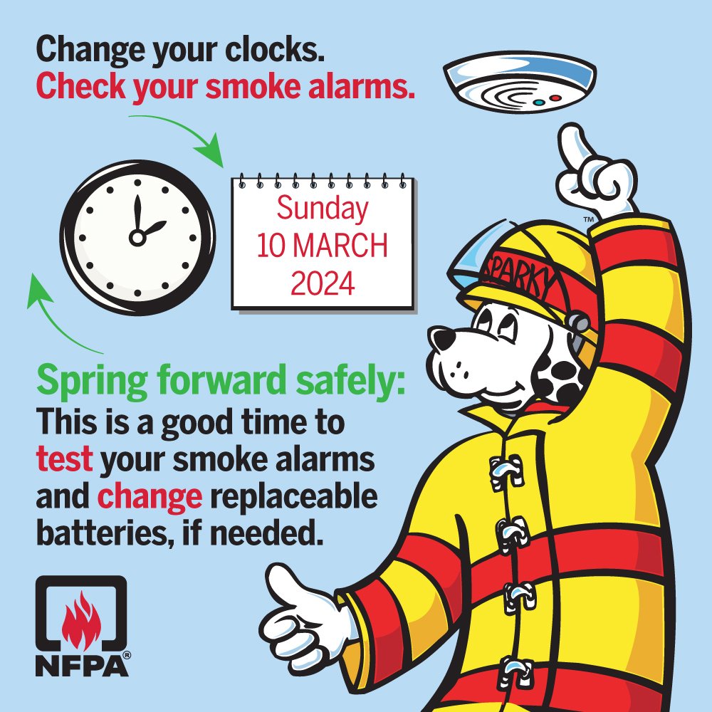 delcoares's tweet photo. Time to Spring Forward This Weekend!
Daylight Saving Time Returns. 
When you
Turn your clocks ahead 1 hour at 2am Sunday, March 10. Don’t forget to check and change the batteries on you
Smoke Detectors and CO Detectors 
And if you own fire extinguishers make sure they’re charged. https://t.co/uUiP3vhh27