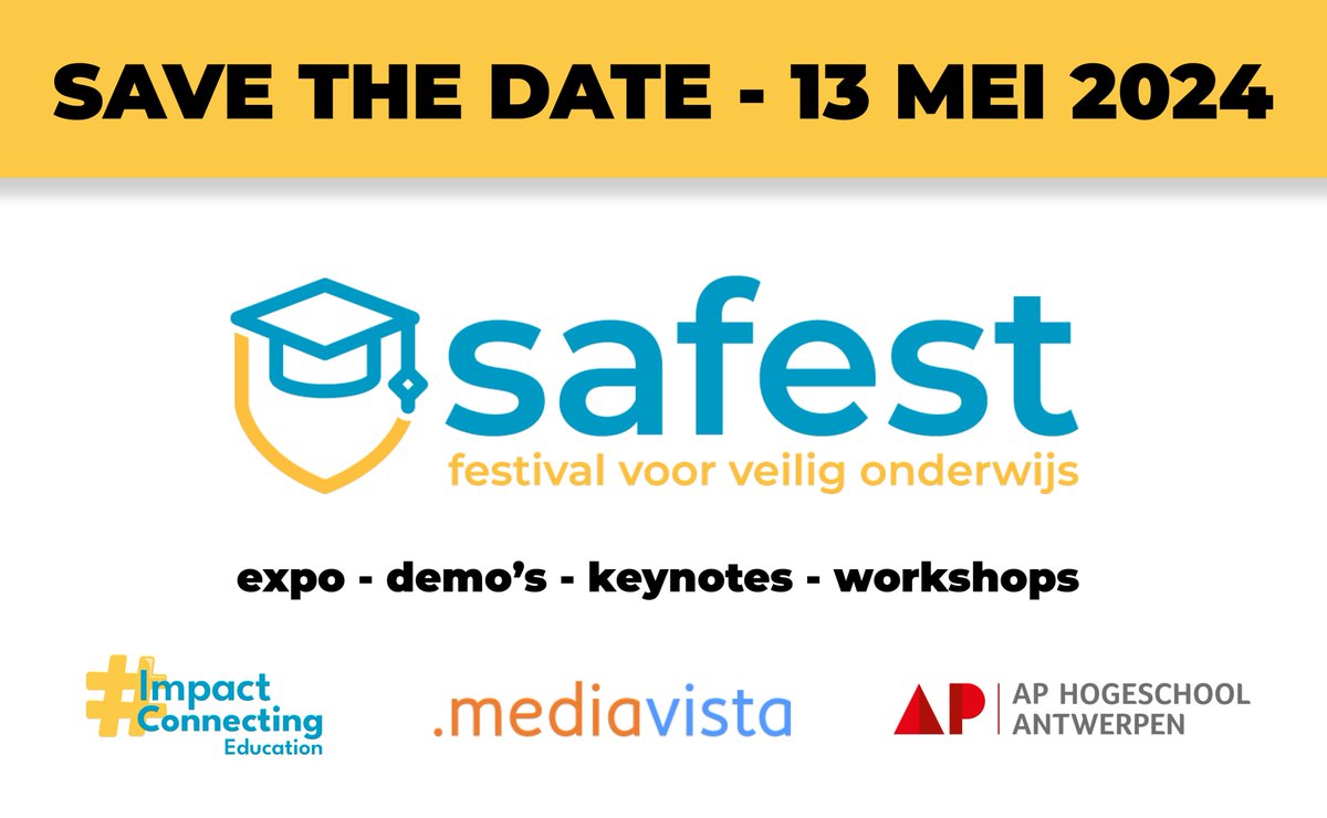 safest - veilig onderwijs - festival op 13 mei in AP Antwerpen. Expo, keynotes en workshops over mediawijsheid, cyberpesten, sexting, privacy, hacking, phishing, deep fake, fake news, AI, GDPR, veilige wachtwoorden, cyber security … Blijf op de hoogte: safest.education