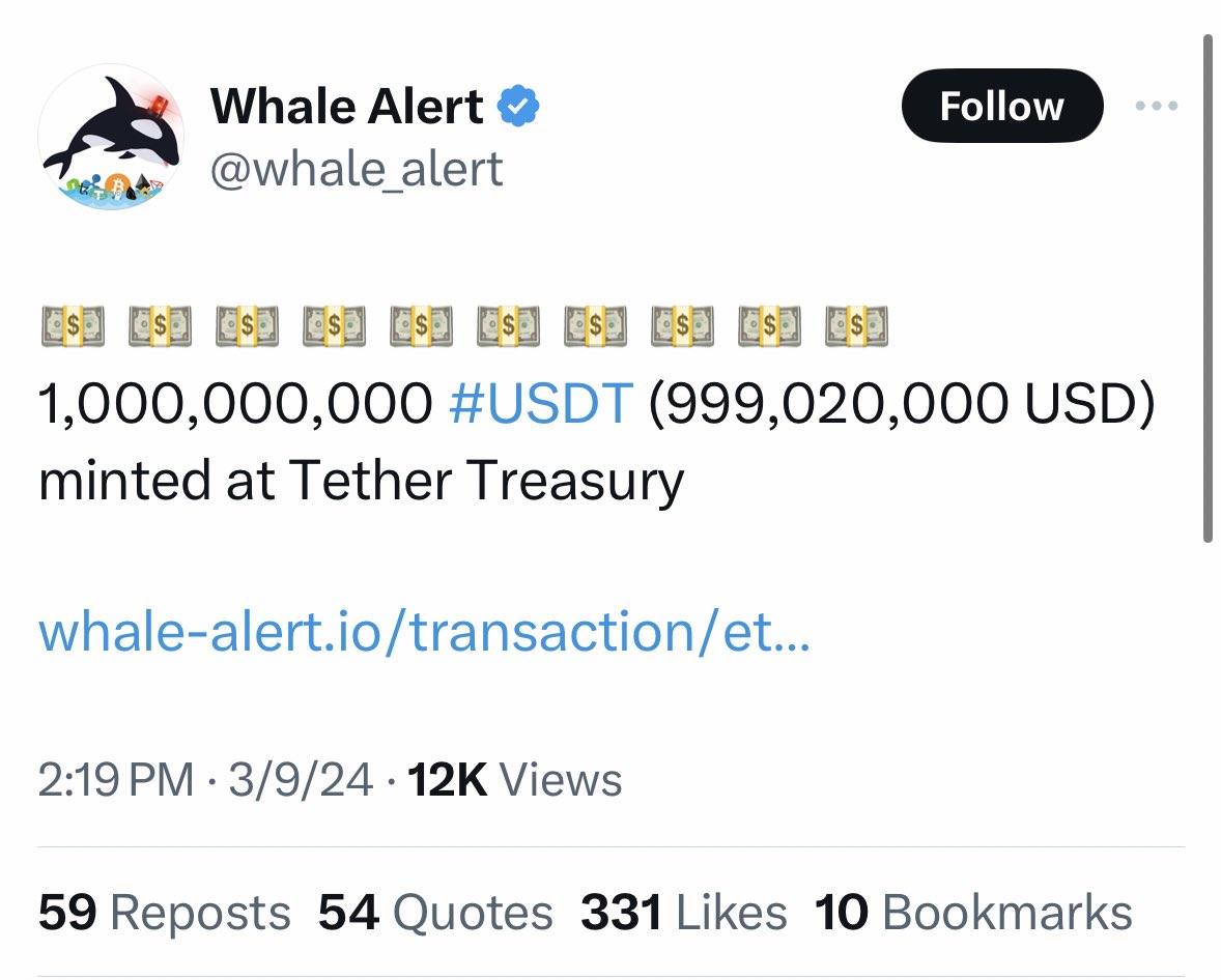 🚨 BREAKING 🚨
 
TETHER TREASURY HAS MINTED 
1,000,000,000 USDT.
 
SEND BITCOIN TO $70K 🔥