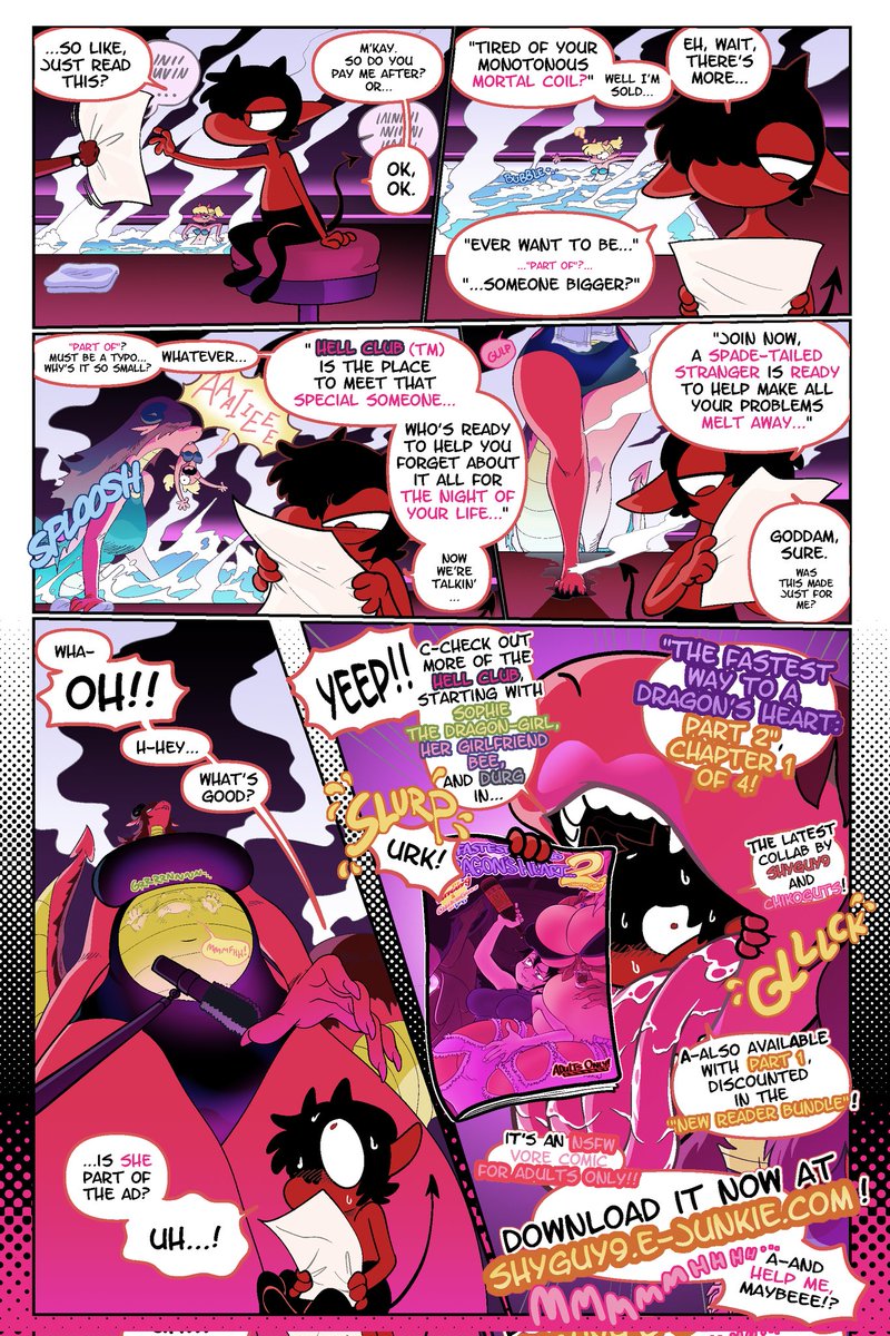 'Hell Club™️' hosts it all~ 😈 Come inside, the party's just getting started with 🐲Sophie, Belinda, and Durg, in: 'The Fastest Way to a Dragon's Heart!' Part 2 - CHAPTER 1 OF 4 ! Get it now at shyguy9.e-junkie.com/product/1814651 ! Or: Get the New Reader Bundle at shyguy9.e-junkie.com/product/1814657 !