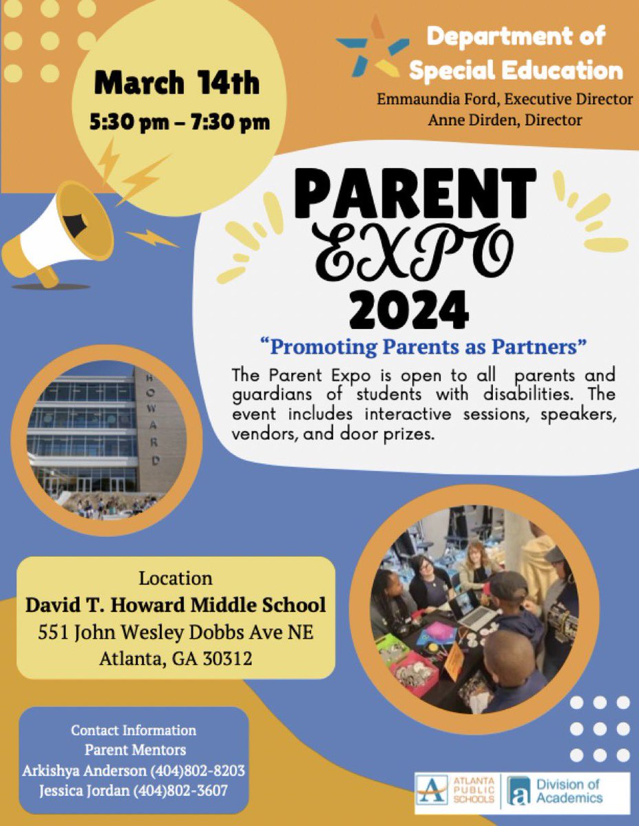 APS Department of Exceptional Education (@aps_dse) on Twitter photo 📌📢 The <a href="/apsupdate/">ATL Public Schools</a> Dept of Special Ed invites all parents and guardians of students with disabilities to our Annual Parent Expo! There will be interactive sessions, speakers, vendors, and door prizes. <a href="/CAMontgomeryEDU/">Chelsea A. Montgomery</a> <a href="/tdmartn/">Tia D. Martin, Ed.S.</a> <a href="/apssupt/">Dr. Bryan Johnson</a> <a href="/ericalongatl/">Erica Long</a> <a href="/forrests8/">Sherri Forrest</a> <a href="/drkalag/">Dr. Kala T. Goodwine</a> <a href="/A_Dirden/">A Dirden</a> 📌📢 The <a href="/apsupdate/">ATL Public Schools</a> Dept of Special Ed invites all parents and guardians of students with disabilities to our Annual Parent Expo! There will be interactive sessions, speakers, vendors, and door prizes. <a href="/CAMontgomeryEDU/">Chelsea A. Montgomery</a> <a href="/tdmartn/">Tia D. Martin, Ed.S.</a> <a href="/apssupt/">Dr. Bryan Johnson</a> <a href="/ericalongatl/">Erica Long</a> <a href="/forrests8/">Sherri Forrest</a> <a href="/drkalag/">Dr. Kala T. Goodwine</a> <a href="/A_Dirden/">A Dirden</a>