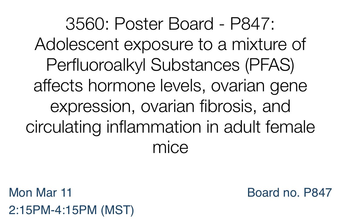 ToxKendra's tweet photo. Stop by and say hello and learn about PFAS exposure and the impacts on the ovary at my poster on Monday at #SOT2024! https://t.co/I1mw1k8pJT