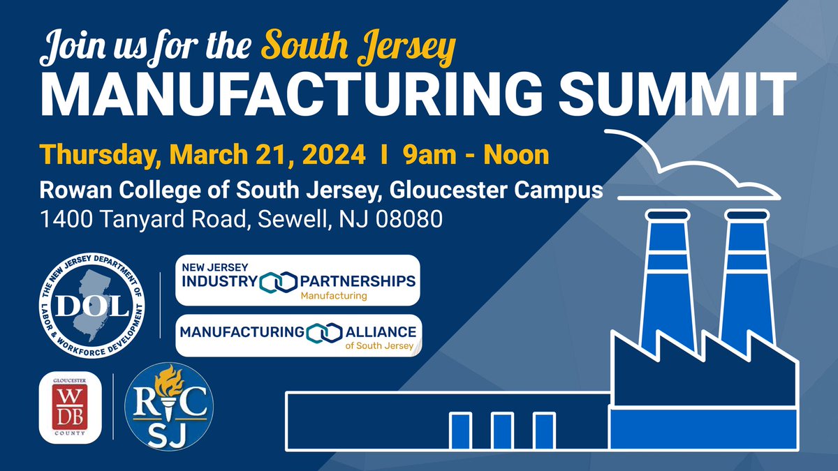 Join us for the South Jersey Manufacturing Summit on March 21st at Rowan College of South Jersey! 🏭 Let's come together to tackle the challenges facing our industry and forge new partnerships! : forms.office.com/g/7gJww9g1Jq #SouthJerseyManufacturing #WorkforceDevelopment