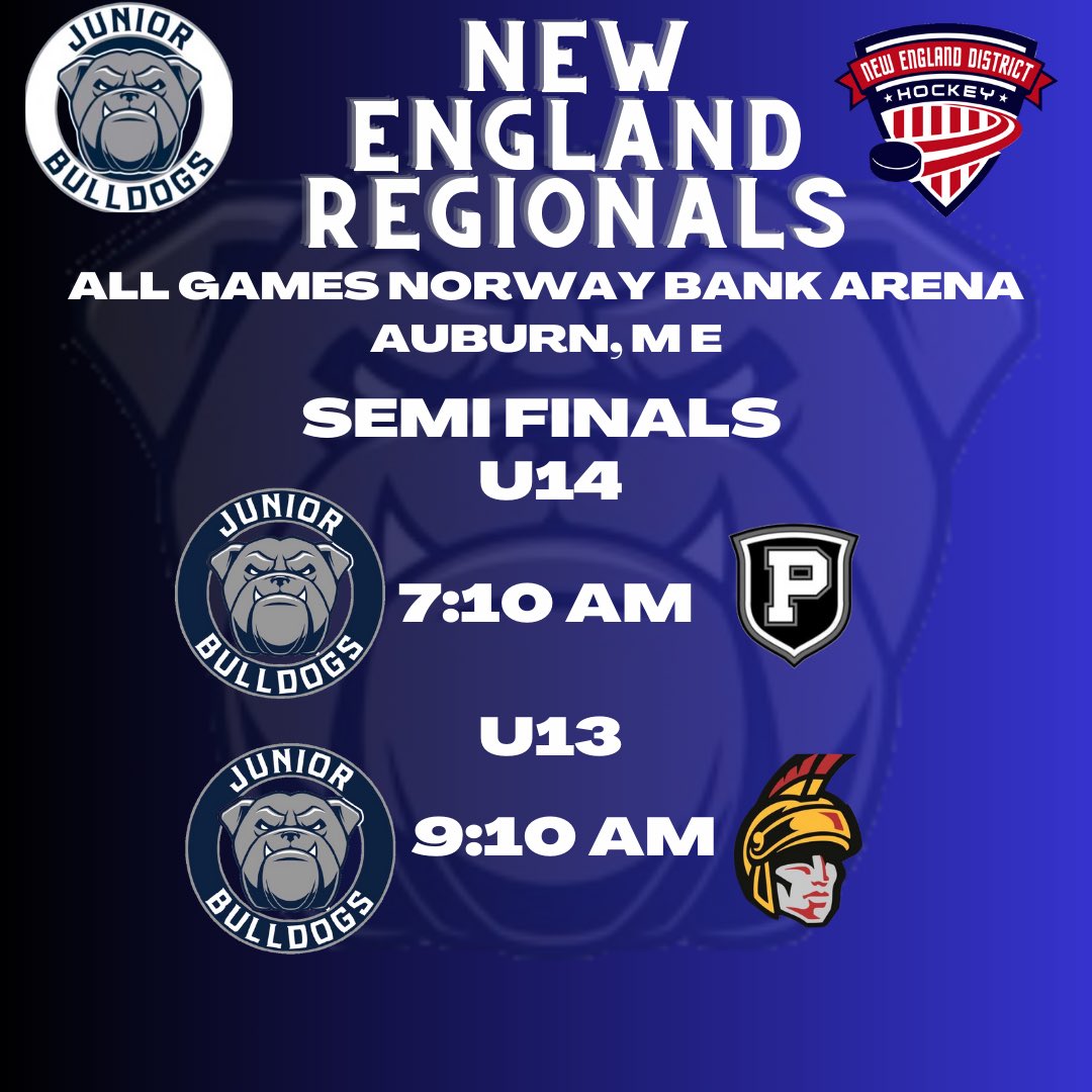 JrBulldogHockey's tweet photo. Congrats to the 13 &amp; 14 teams for advancing to the regional semi finals tomorrow in Auburn, ME.  #BowWow #BeABulldog https://t.co/DvqFQEkrER
