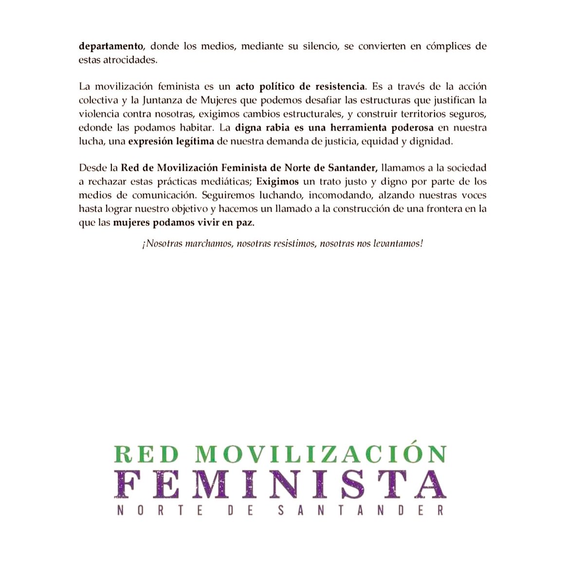 ‼️Comunicado oficial de la red de Movilización Feminista, Norte de Santander.