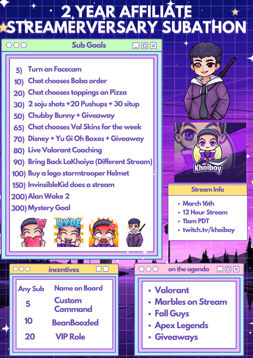 TheKhoiBoy's tweet photo. We are celebrating 2 years affiliate streamer with a 12 hour SUBATHON on Saturday, March 16th. There will be lots of games, giveaways, and more games! Hope to see everyone there 📷 https://t.co/BHTuWTpuIA