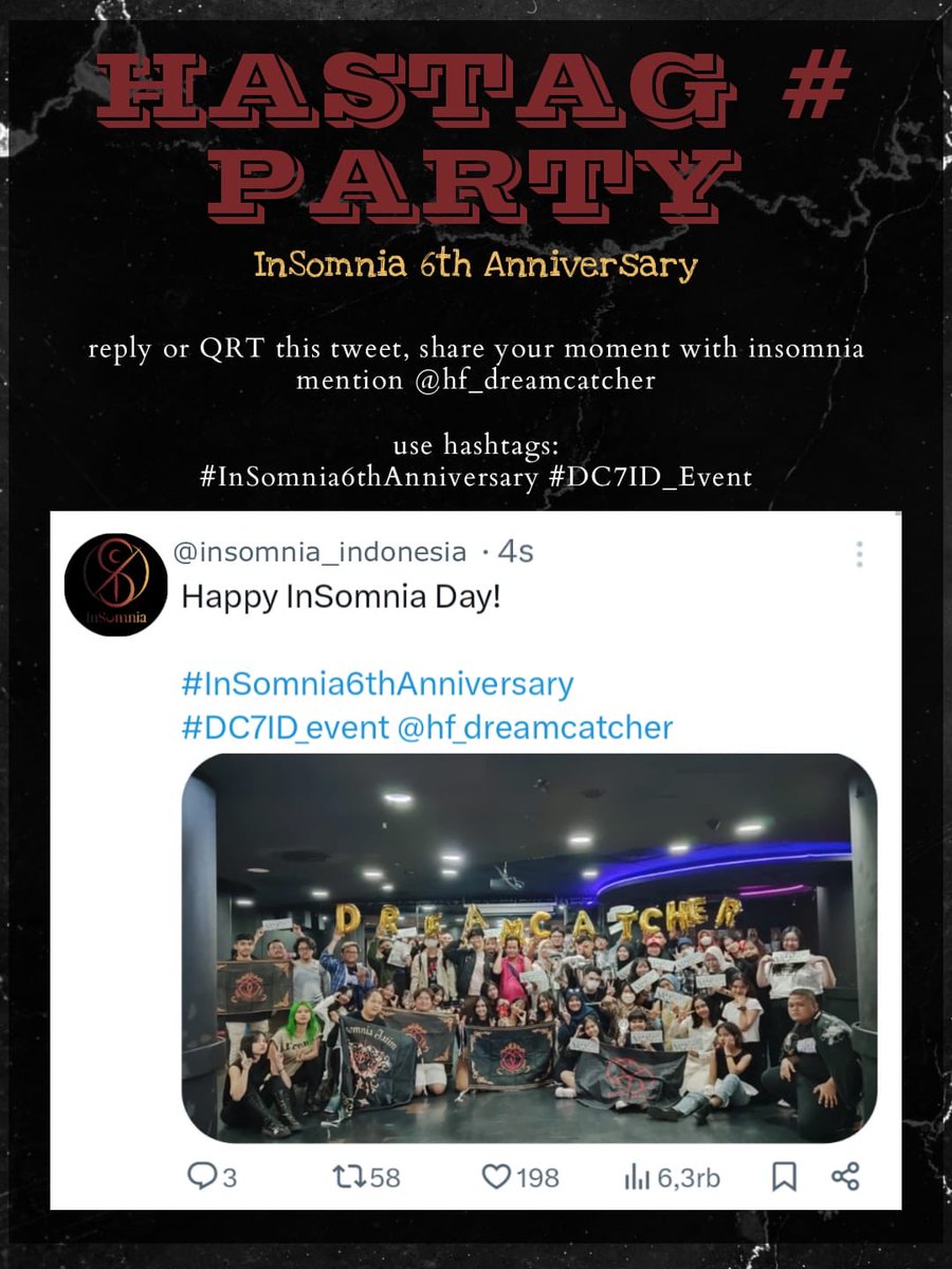 Dreamcatcher7ID's tweet photo. 🎊 𝙃𝘼𝙎𝙃𝙏𝘼𝙂 𝙋𝘼𝙍𝙏𝙔 🎊
HAPPY INSOMNIA DAY!
Tidak terasa InSomnia sudah 6 tahun diumumkan sebagai nama resmi fandom 10 Maret 2018 lalu.
Mari kita rayakan hari ini dengan share momen kalian bersama InSomnia❤️
#Insomnia6thAnniversary
#DC7ID_Event @hf_dreamcatcher https://t.co/1HQdt4Tk1D