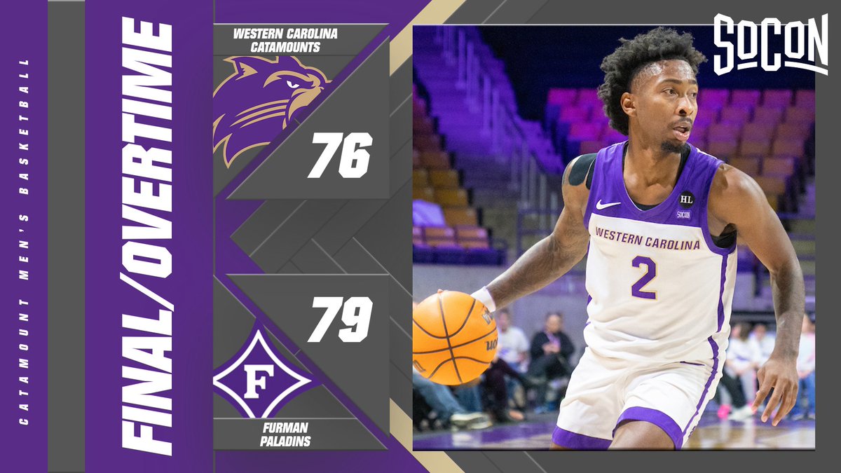 CatamountMBB's tweet photo. FINAL - Furman 79, @Catamounts 76 (OT) 

A hard-fought overtime battle goes to Furman tonight in Asheville. Kamar Robertson led the way with 17 points as Vonterius Woolbright totaled 11 points, 10 rebounds, &amp; nine assists. 

#CatamountCountry | #EDGE https://t.co/Rf4YFOoh49