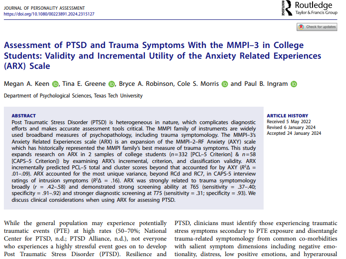 MeganKeen_'s tweet photo. I'm proud to share a new examination of the MMPI-3's ARX scale and its association with trauma symptoms. Special thanks to my co-authors for working with me on this labor of love! @tinagreene_ @IngramPsychLab @ColeMorris_ 
doi: 10.1080/00223891.2024.2315127 https://t.co/FieHiw7yPz