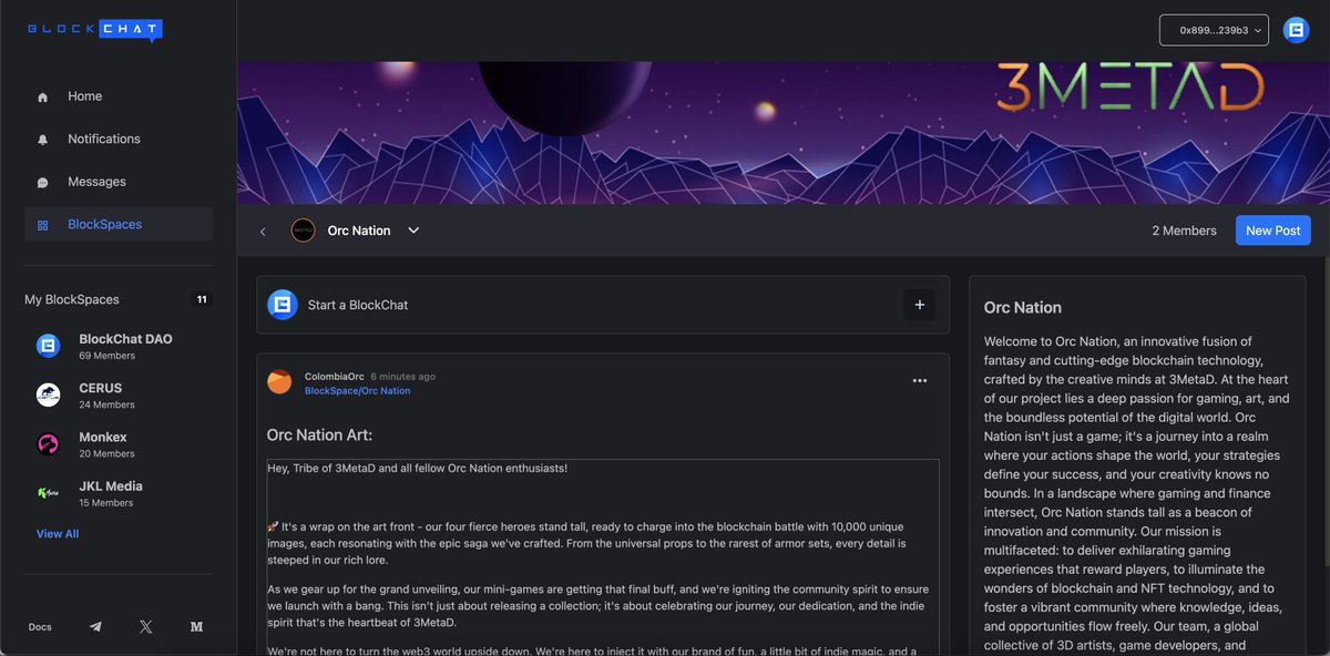 🚨 New #BlockSpace added 🚨 

<a href="/3METAD/">3METAD</a> - #OrcNation has joined #BlockChat. Starting their community with us and bringing their <a href="/0xPolygon/">Polygon | POL</a> $Matic family. 

Our first official project outside of <a href="/MetisL2/">Metis🌿</a> 

Be sure to follow their BlockSpace 👇 
app.blockchatdao.com/blockspace/qz0…

#Metis $Metis