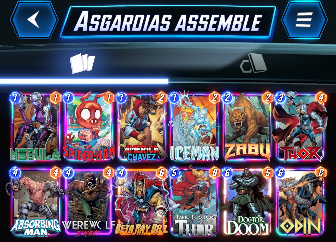oldkencole's tweet photo. @vicmmic I’ve gotten to the high 90s with this deck a couple seasons now. Super fun with a few  paths to win. The Asgardians all synergize with each other,  and I’ve added 3 one cost reveal cards to help werewolf. https://t.co/KFIxxL4dYf