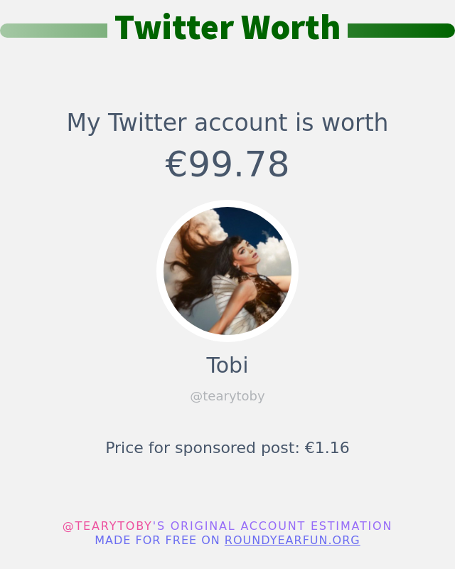 tearytoby's tweet photo. Mi valor en Twitter es de: €99.78

➡️ https://t.co/XEjL5tRgPQ https://t.co/NqKYZXvyUj