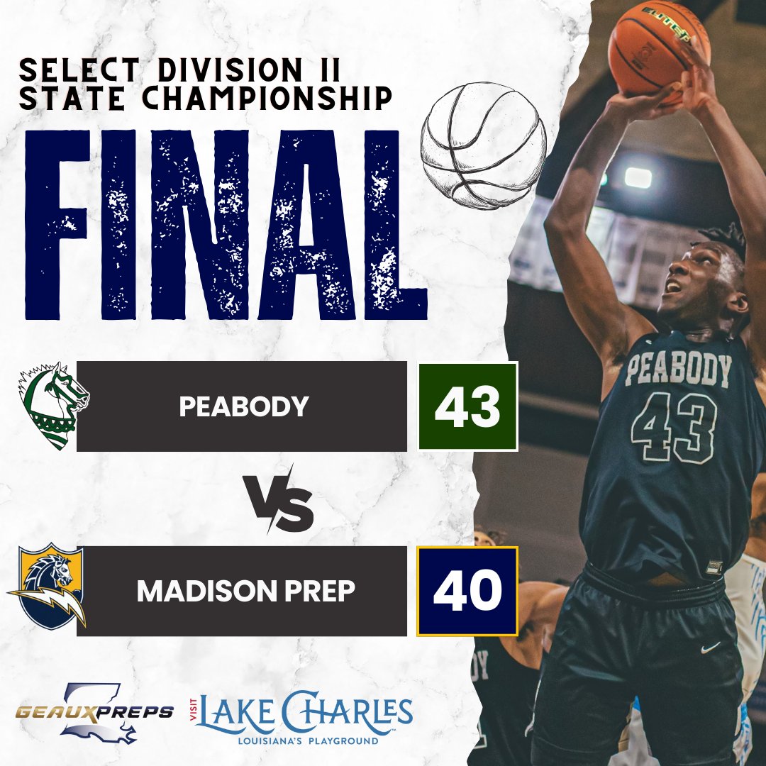 2024 Boy’s Marsh Madness Update presented by
<a href="/LakeCharlesCVB/">Visit Lake Charles</a>

Select Division II State Championship

HOLY MOLY! Peabody drains a last second trey to down top-seeded Madison Prep in overtime! Warhorses haul in their 10th state title in school history.
