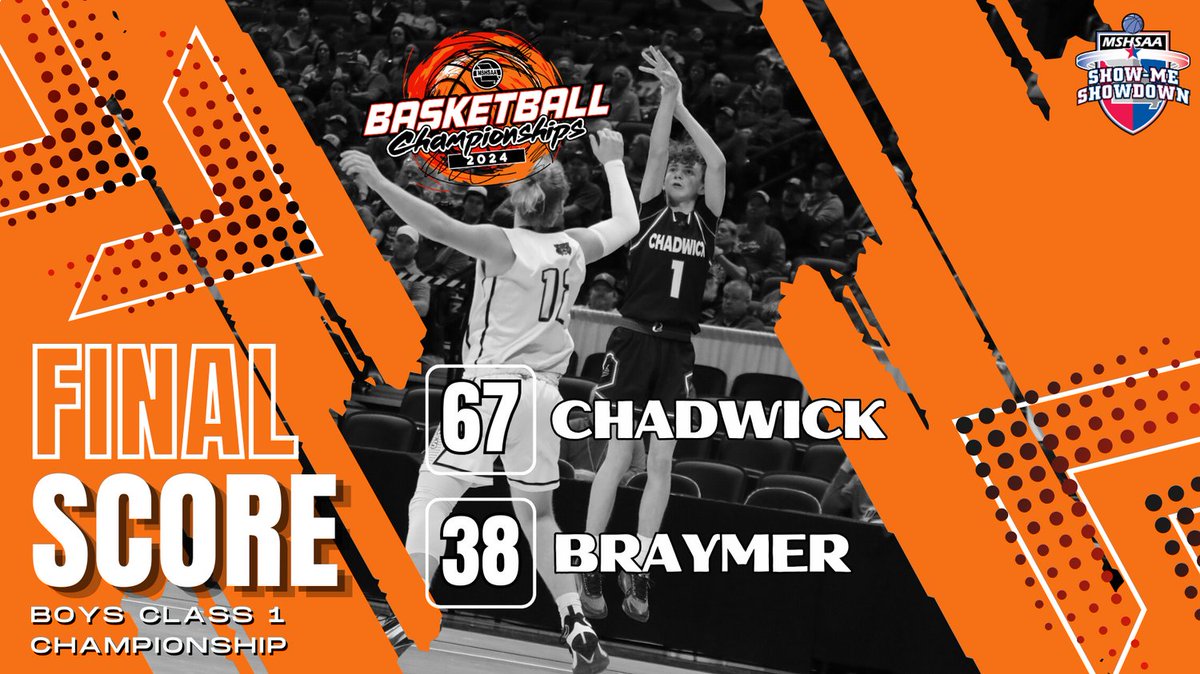 MSHSAAOrg's tweet photo. Final score for the Boys Class 1 Championship game between Chadwick and Braymer! Congratulations to all the athletes! https://t.co/mkFbjJXm70