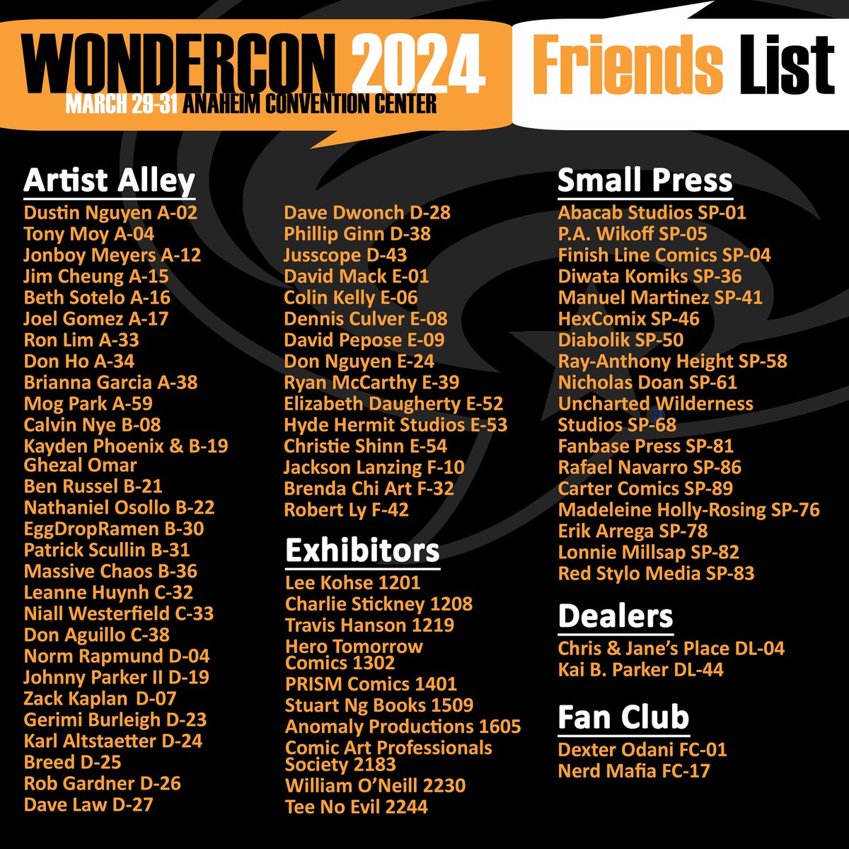 Updated my @WonderCon #FriendsList. This'll keep happening as more exhibitors are being added. If you're a friend & want to join the #FloorTour, LMK ASAP. We'll be submitting for approval soon!