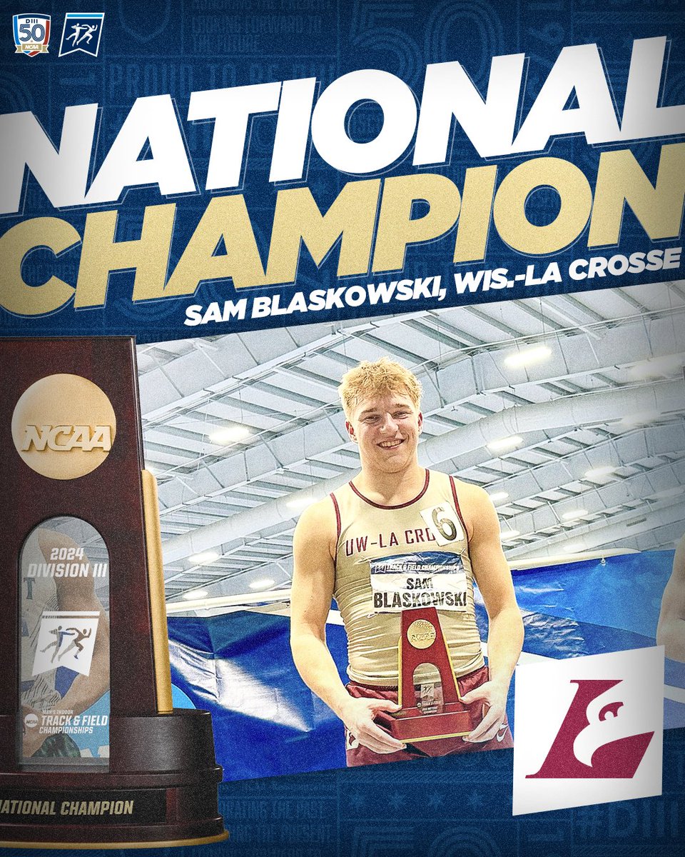 NCAADIII's tweet image. 🏆 NATIONAL CHAMPION 🏆

@UWLAthletics Sam Blaskowski wins the men’s 200M title with a time of 20.93 seconds!

#D3tf | #DIII50 | #WhyD3
