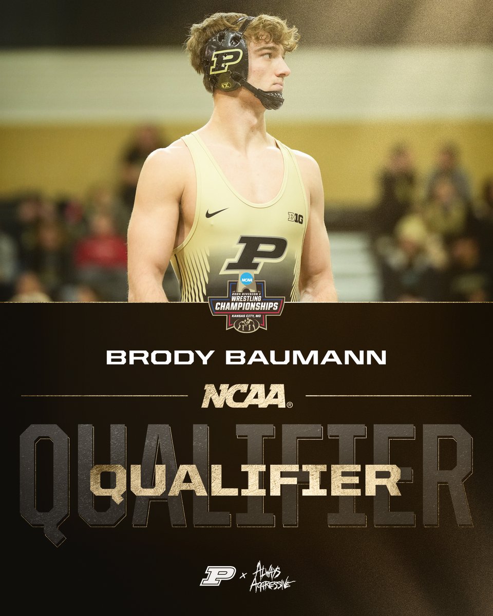 PurdueWrestling's tweet photo. Broderick is going to the big show! 🎟️

@brodybaumann1 is going to Kansas City for his first NCAA tournament! The Evansville kid keeps grinding.

#BoilerUp🚂 | #AlwaysAggressive https://t.co/n92zfMWUAK