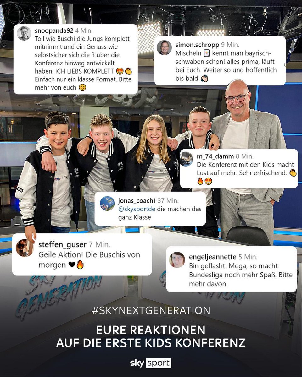 SkySportDE's tweet photo. Vor wenigen Stunden fand die erste Kids Konferenz auf Sky statt und euer Feedback dazu wird die Kids sicher unglaublich freuen. Unsere Nachwuchs Reporter haben einen tollen Job gemacht und den Zuschauern einmalige Unterhaltung geboten. 🥳

#skynextgeneration https://t.co/ymKuN77ZLr