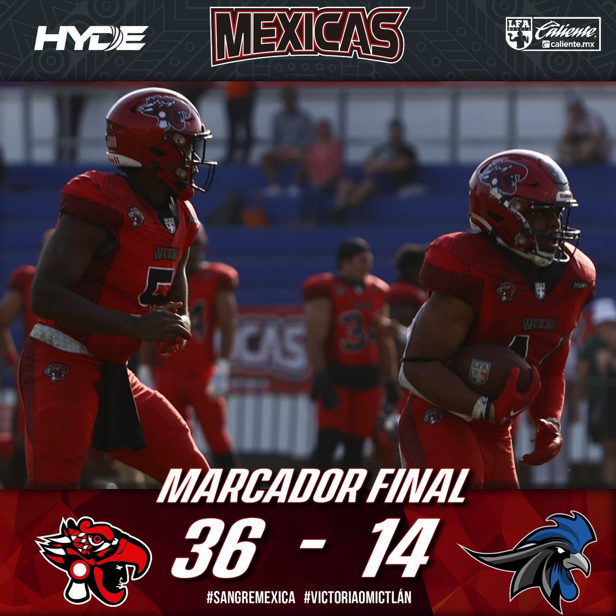 #SangreMexica 
.
Hoy desplumamos a los <a href="/gallosnegroslfa/">Gallos Negros LFA</a> 🔴⚫
.
¡Tenochtitlan se respeta!
.
Nos vemos la semana que entra en Redskins para nuestro segundo juego de local.
.
#VictoriaOMictlán