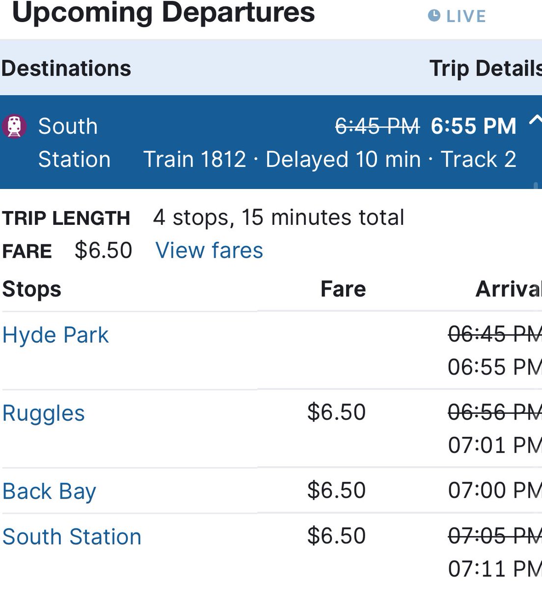 This is a prime example of the ⁦<a href="/MBTA_CR/">MBTA Commuter Rail</a>⁩ having no idea what it is doing - they say #1812 is arriving to Back Bay one minute before it gets to Ruggles even though it must pass through Ruggles first…the issue has never been delays - it is their inability to communicate
