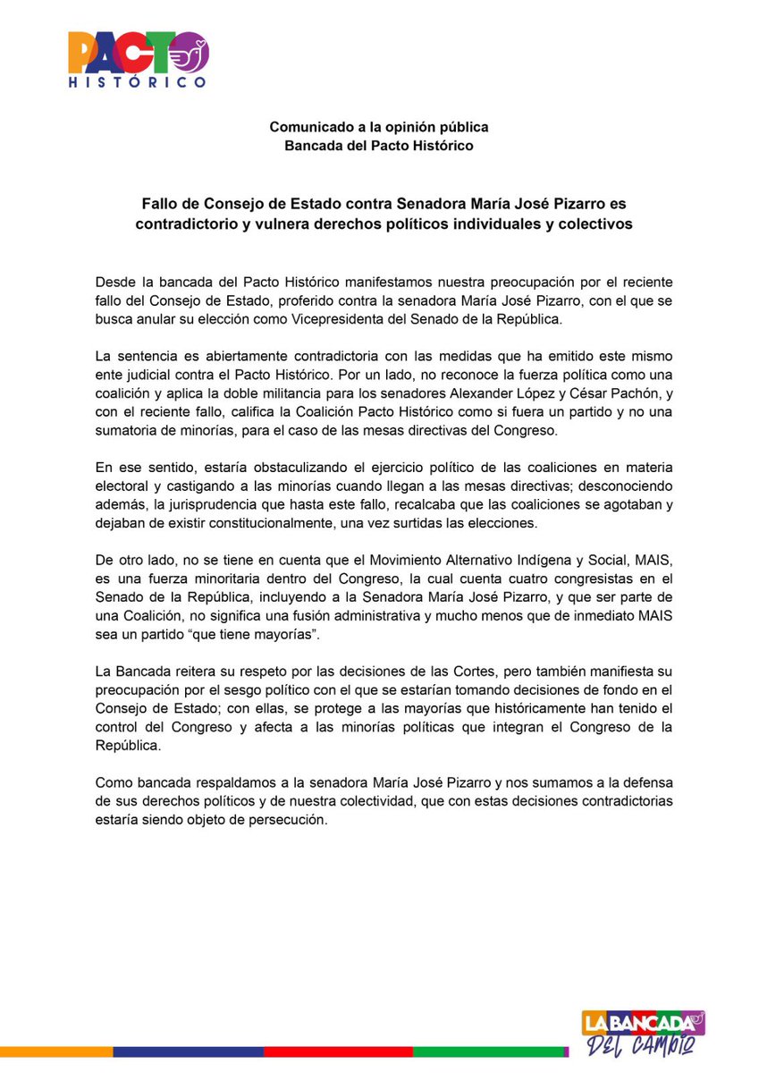 #Comunicado | Fallo de Consejo de Estado contra senadora @pizarromariajo es contradictorio y vulnera derechos políticos individuales y colectivos