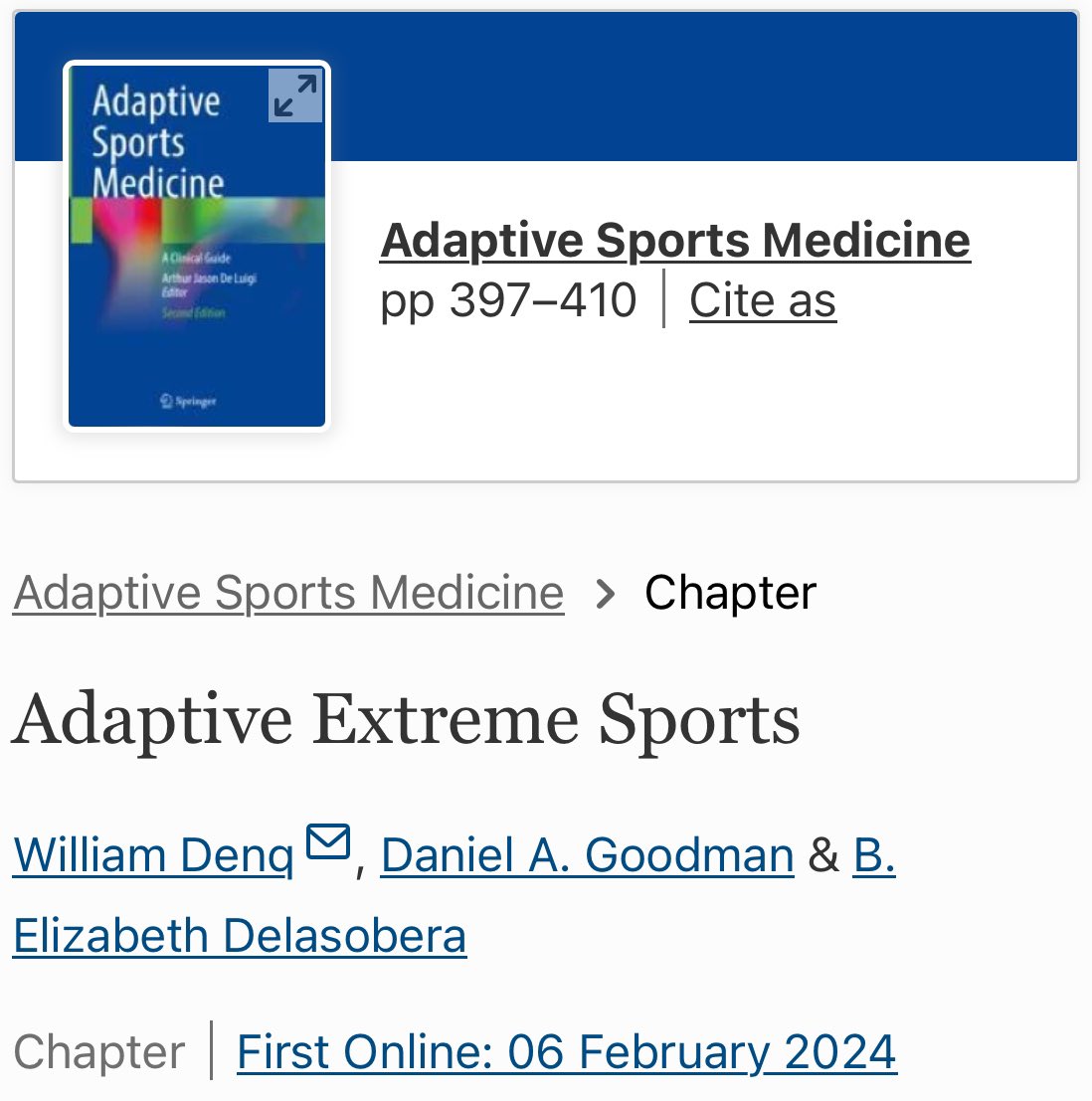 Proud to announce my coauthorship of a book chapter that is now out in print on Extreme #AdaptiveSports. Thanks to my coathours and, of course, @DrDeLuigi. Additional shoutout to @diveheart for additional #adaptivediving source material. @AbilityLab link.springer.com/book/10.1007/9…