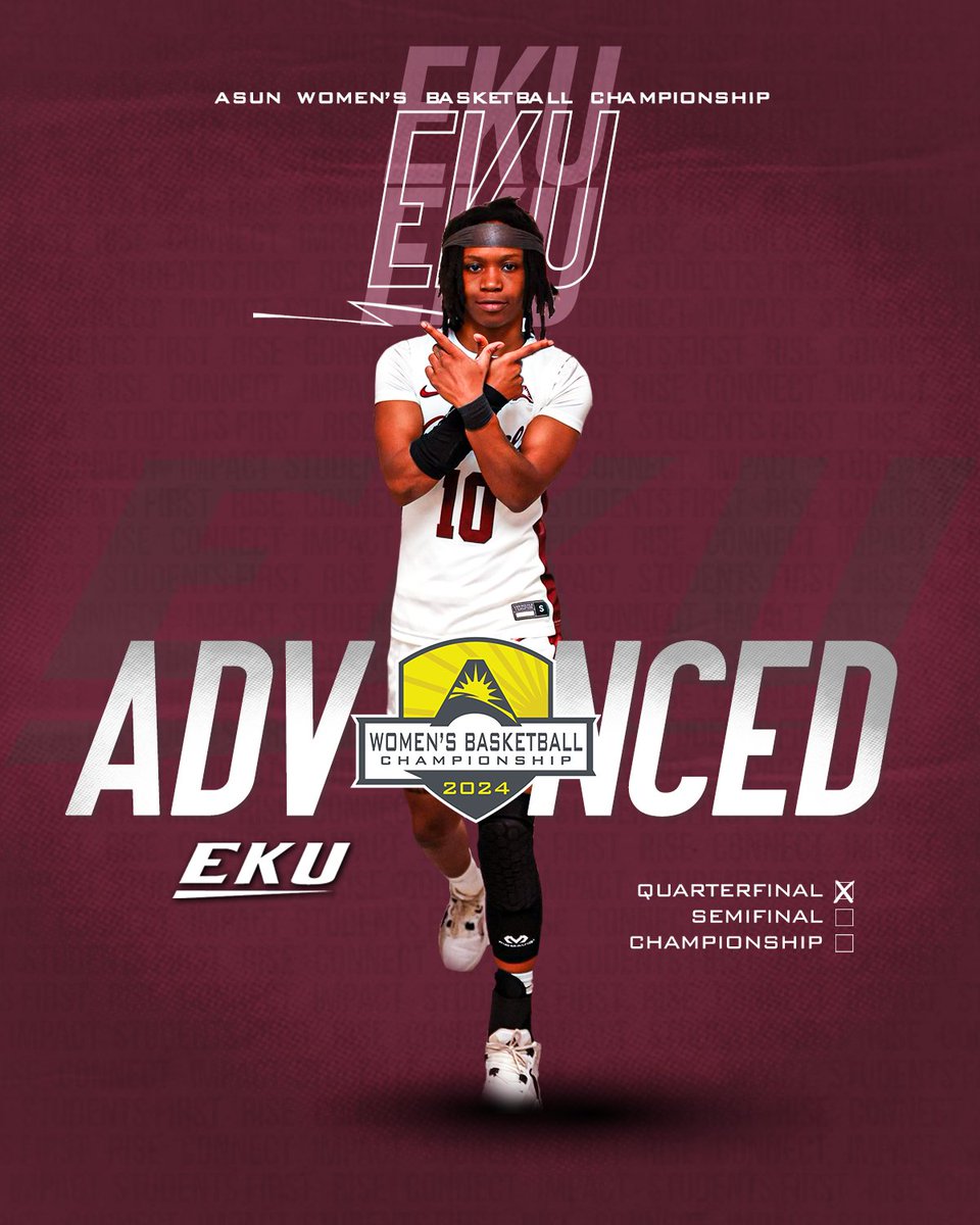 Atlantic Sun Conference (@asunsports) on Twitter photo Onto the SEMIFINALS๐โก๏ธ
<a href="/EKUWBB/">EKU Women's Basketball</a> nearly reaches the century mark & defeats Lipscomb 99-68 in Nashville to head to the #ASUNWBB Semifinals for the first time in program history! ๐๐
#ASUNBuilt | #GoBigE Onto the SEMIFINALS๐โก๏ธ
<a href="/EKUWBB/">EKU Women's Basketball</a> nearly reaches the century mark & defeats Lipscomb 99-68 in Nashville to head to the #ASUNWBB Semifinals for the first time in program history! ๐๐
#ASUNBuilt | #GoBigE
