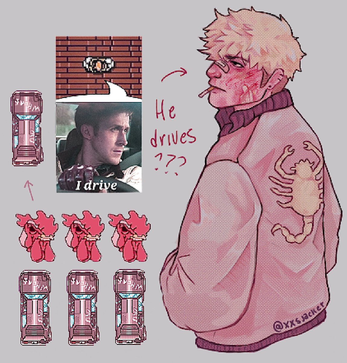 idc if this looks NOTHING like jacket this was extremely fun to paint (am drawing more cannon jacket art rn so i can have this as a treat) 
#drive
#hotlinemiami